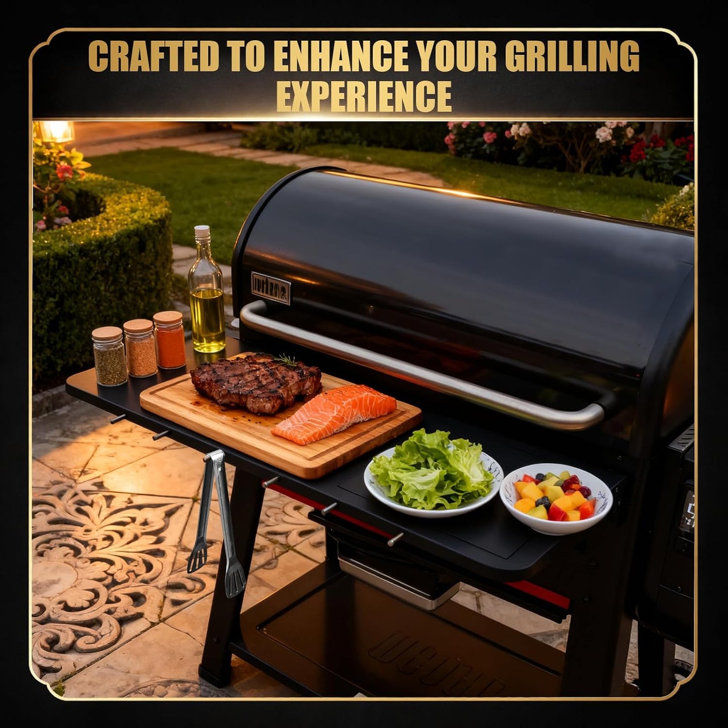 QuliMetal Folding Front Shelf for Traeger Pro 34, Texas Elite 34, Century 885 and Eastwood 34, 37" x 12" Heavy-Duty Grill Prep Table with Cutting Board, Stainless Steel Basin, Lid and 5 Hooks