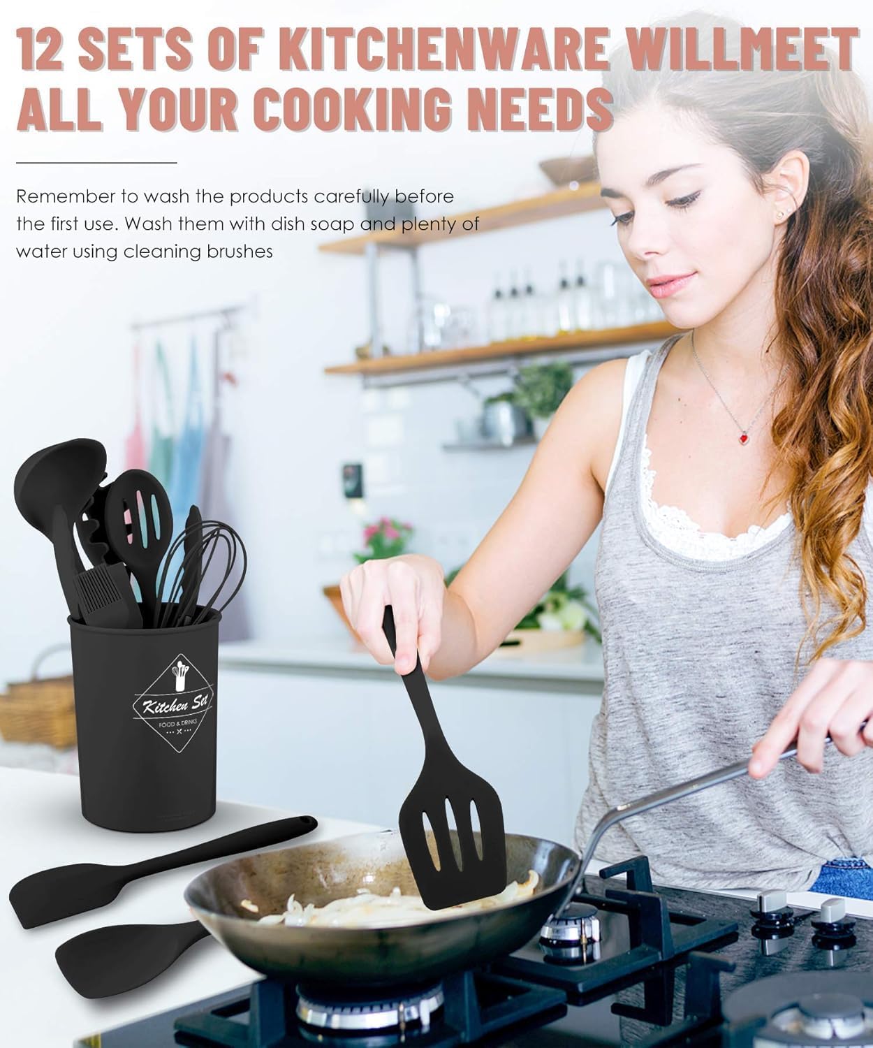 12-Piece Silicone Kitchen Utensil Set with Holder - Heat Resistant Cooking Tools (Black)