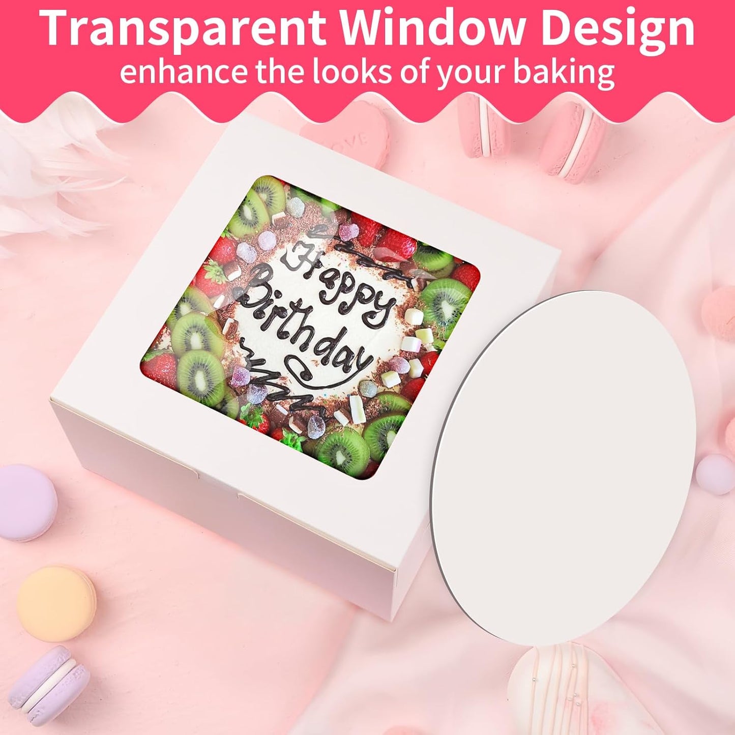 WINKIO 10 Inch Cake Box with Cake Boards, 2 Pack Disposable Cake Carrier, Cakes Transport Container, White Bakery Holder with Window, for Cookies Pies Cupcakes Pastry (10×10×8 Inches)