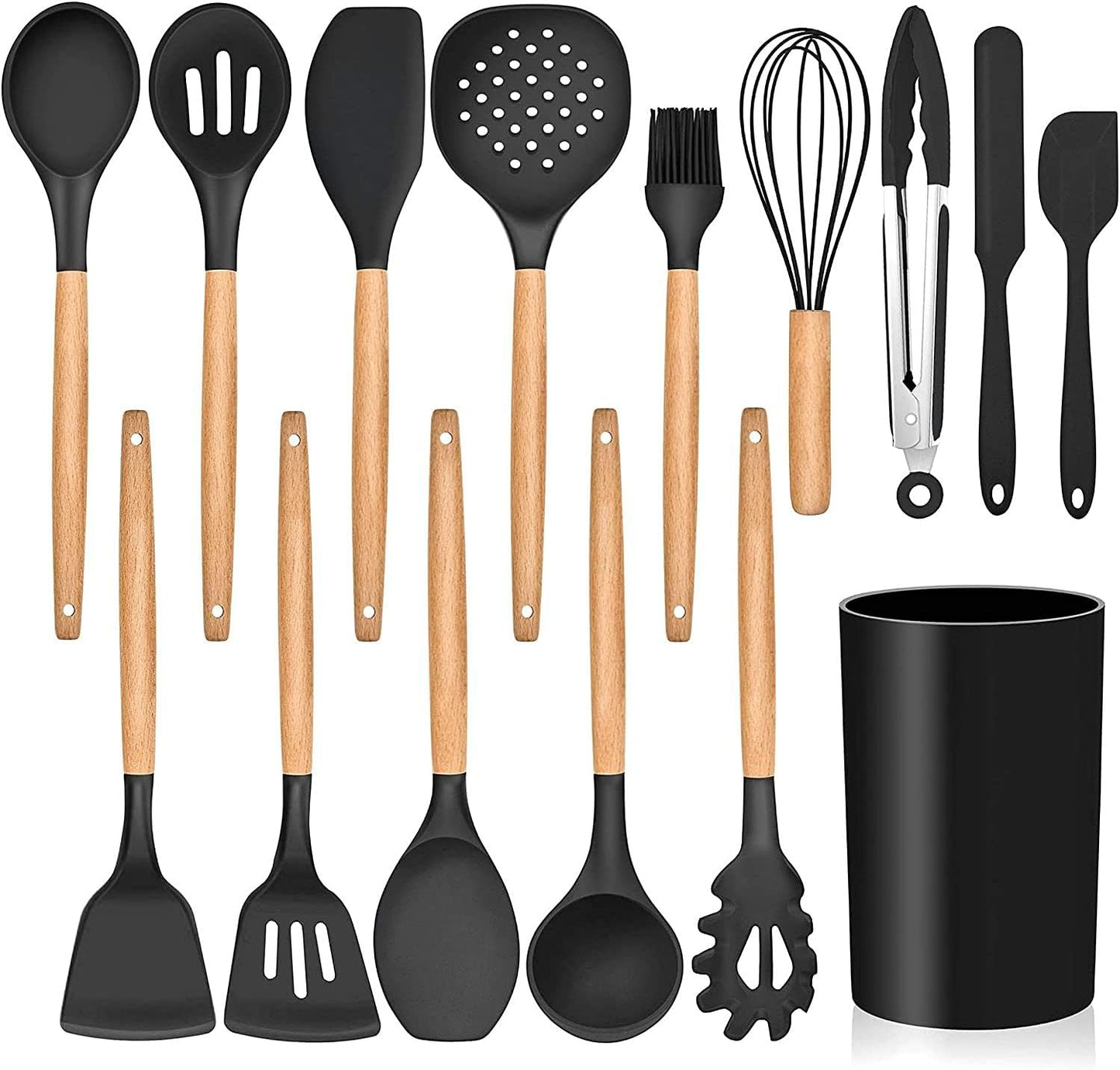 LIANYU 15 PCS Silicone Kitchen Utensils Set with Holder, Cooking Utensils set for Nonstick Cookware, Heat Resistant & Non Toxic Spatula Ladle Tong, White