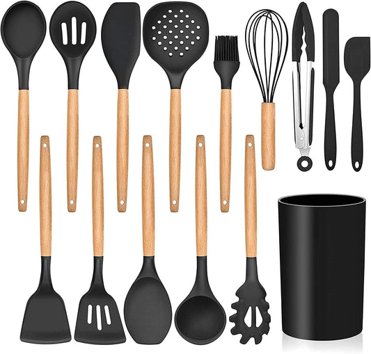 LIANYU 15 PCS Silicone Kitchen Utensils Set with Holder, Cooking Utensils set for Nonstick Cookware, Heat Resistant & Non Toxic Spatula Ladle Tong, White