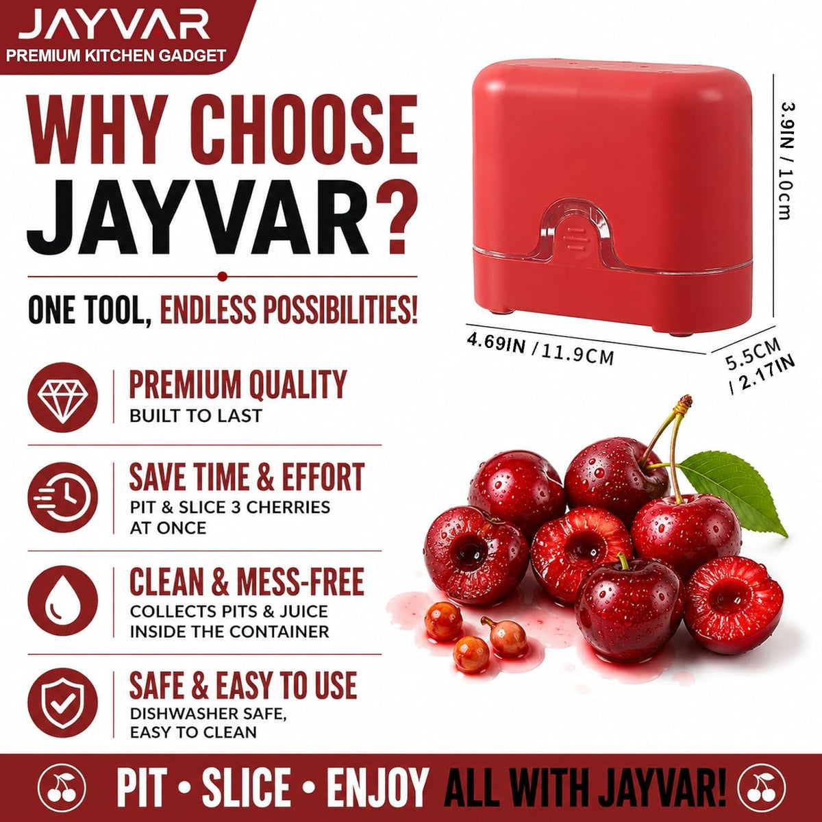 JAYVAR Cherry Pitter Tool, 2-in-1 Multi Cherry Seed Remover & Slicer