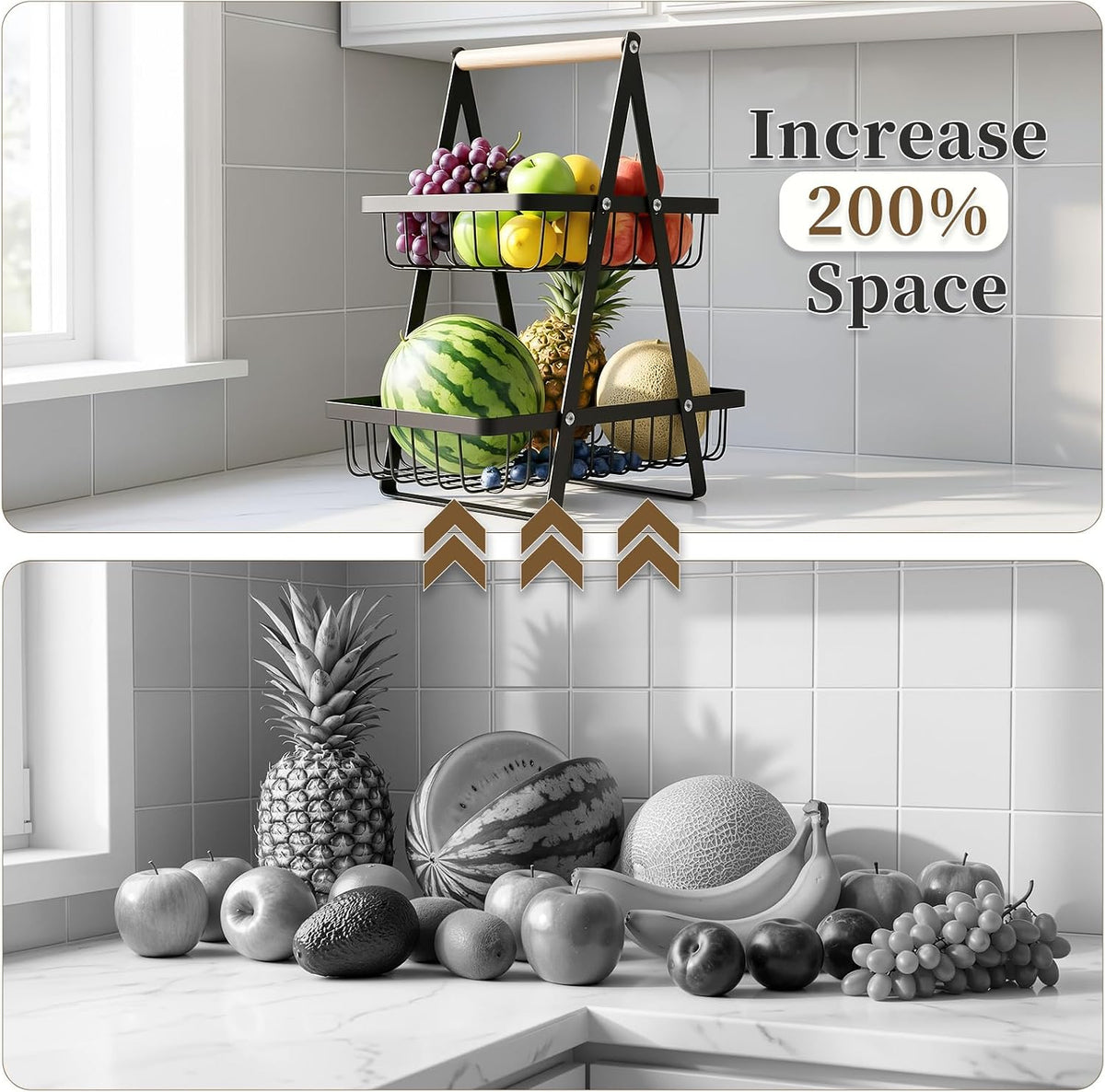 Detachable 2 Tier Fruit Basket for Kitchen Counter, Stainless Steel | Suitable for sorting produce, bread, and snacks in black rectangular baskets with a wooden carry handle for easier access