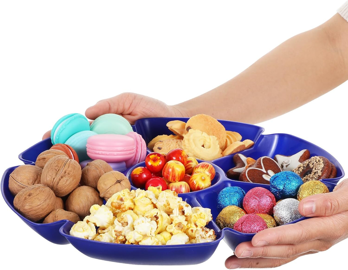 Lemecima 12 Pcs Plastic Snack Serving Tray, 12 Inch Unbreakable Chip and Dip Divided Serving Plates, Round 7 Compartments Multifunctional Food Platter for Snack, Nuts, Candy, Dried Fruit, Veggies