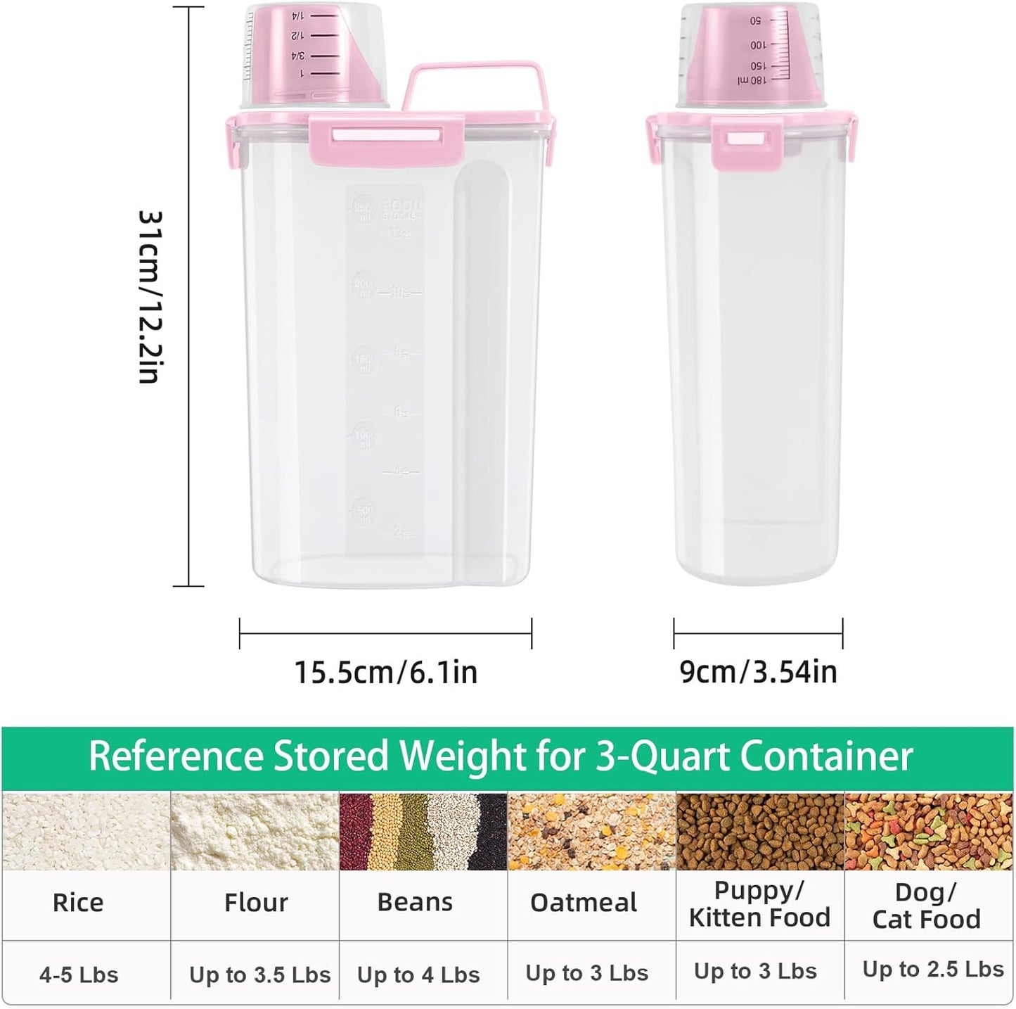 TBMax 2 Pack Airtight Rice Container 5 Lbs +10 Lbs, Cereal Container Oatmeal Storage with Easy-pouring Spout & Handy Cup for Flour Grain Beans, Pet Dog Cat Bird Food Storage Dispenser -Pink