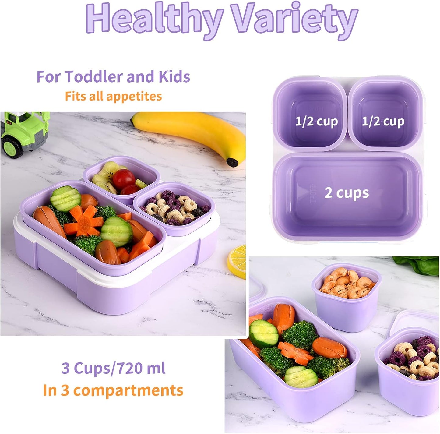 Genteen Bento Box for Kids, Kids Lunch Box with 3 Removable Compartments, Toddler Baby Lunch Box for Daycare, School, Leak-proof Lunch Snack Portion Container, Ideal Portion Size for Ages 3 to 7- Blue