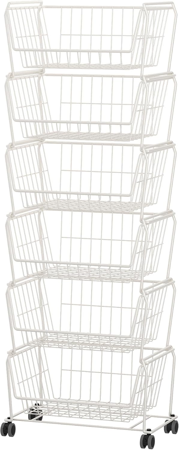 PUSDON 4-Tier Spacious Stackable Wire Storage Baskets with Wheels, Metal Rolling Utility Cart Organizer, Fruit and Vegetable Produce Basket for Kitchen Pantry, Everyday Bathroom Shelf, Silver Grey