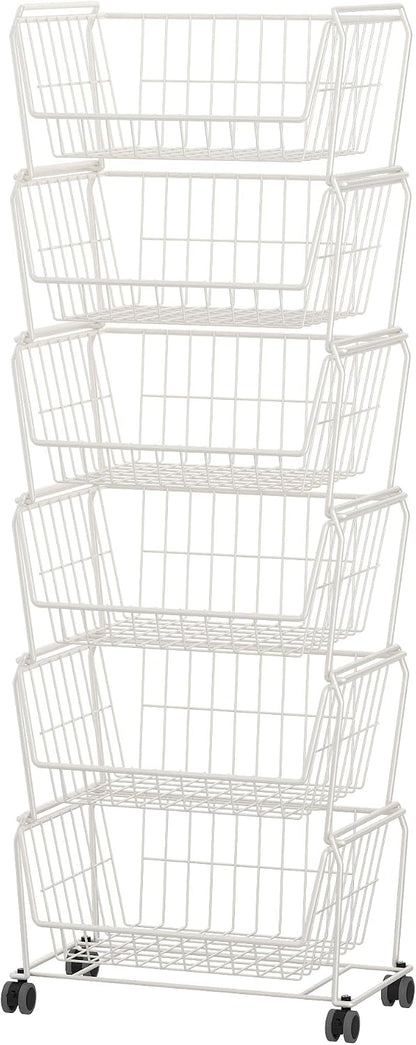 PUSDON 4-Tier Spacious Stackable Wire Storage Baskets with Wheels, Metal Rolling Utility Cart Organizer, Fruit and Vegetable Produce Basket for Kitchen Pantry, Everyday Bathroom Shelf, Silver Grey
