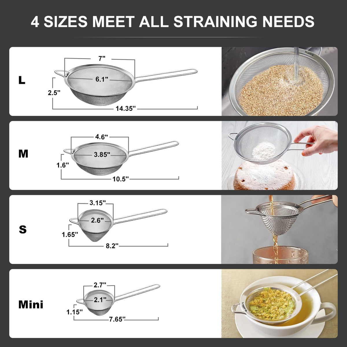 Walfos 6.3 Inch Fine Mesh Strainer, Premium Stainless Steel Sieve and Sifter with Handle, Kitchen Metal Strainers for Rice, Quinoa, Fruits, Noodles, Flour