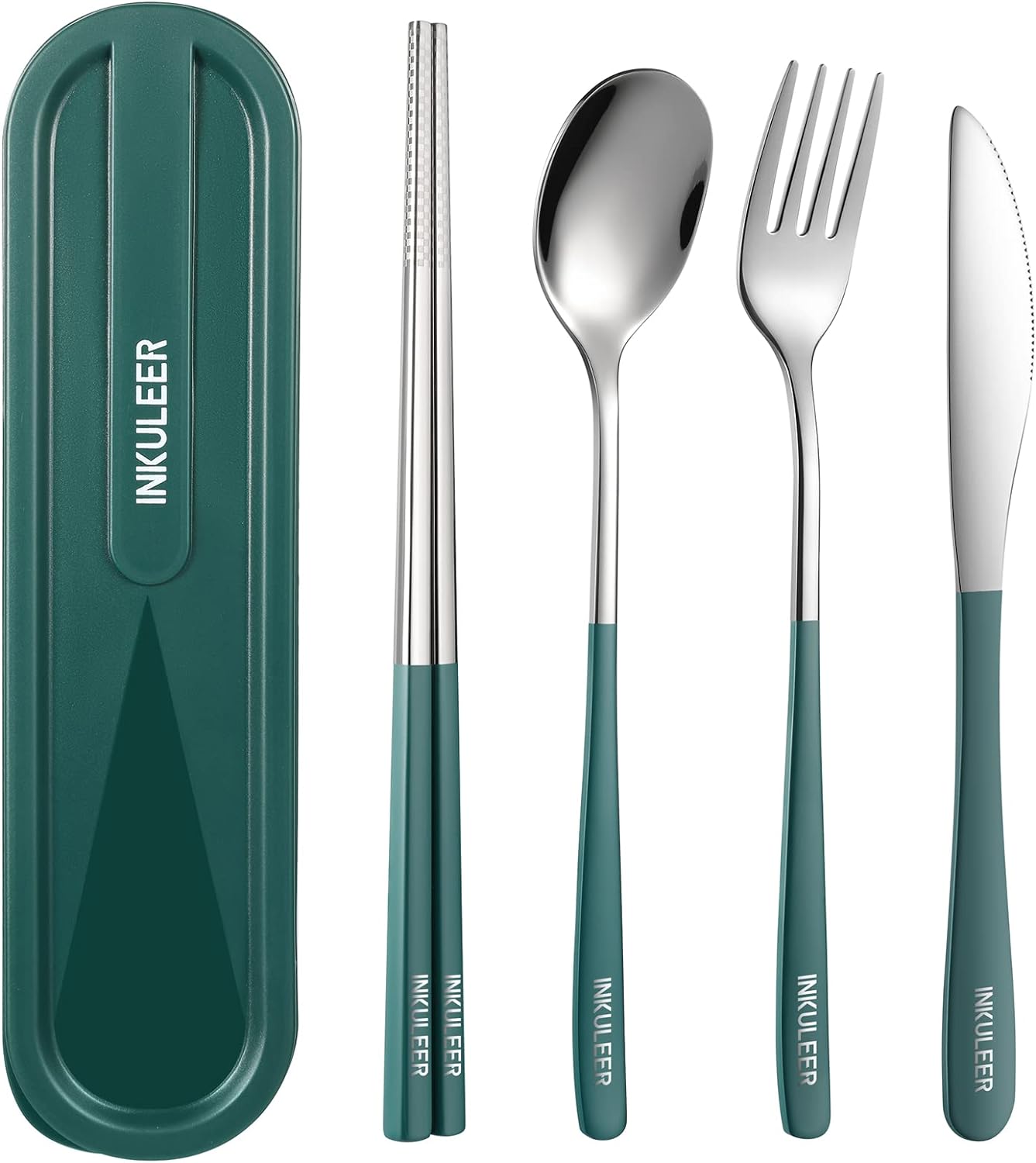 iNKULEER Travel cutlery set, 18/8 stainless steel cutlery, Reusable utensils set with case, Portable Silverware Lunch Box for Camping and Office (Pink)