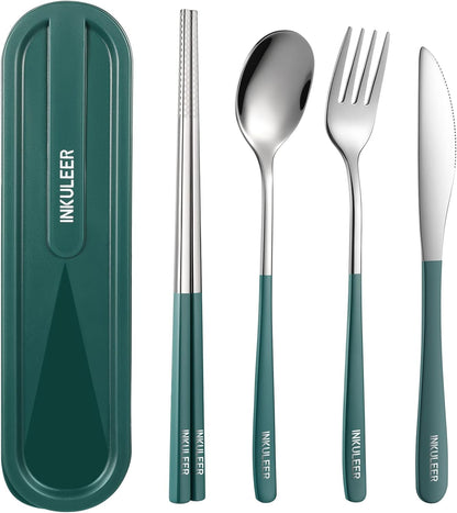 iNKULEER Travel cutlery set, 18/8 stainless steel cutlery, Reusable utensils set with case, Portable Silverware Lunch Box for Camping and Office (Pink)