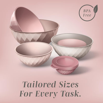 COOK WITH COLOR Mixing Bowls with Lids - 12 Piece Plastic Nesting Bowls Set includes 6 Prep Bowls and 6 Lids, Microwave Safe Mixing Bowl Set, Pink Embossed - Colors B