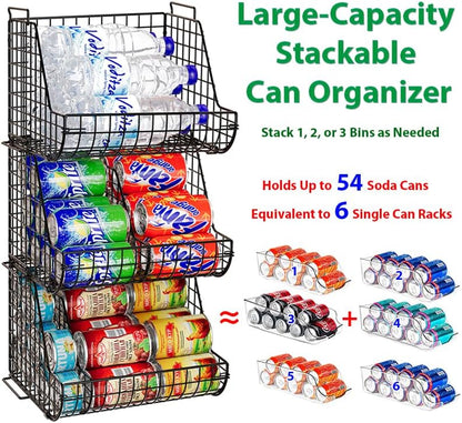 Stacking Can Dispensers 3 Tier with 3 Divider, Large Pantry Can Organizer, Beverage Drink Pop Soda Can Storage Basket, Can Holders for Pantry, Canned Food Rack Wire Bins for Kitchen Cabinet (3-Pack)