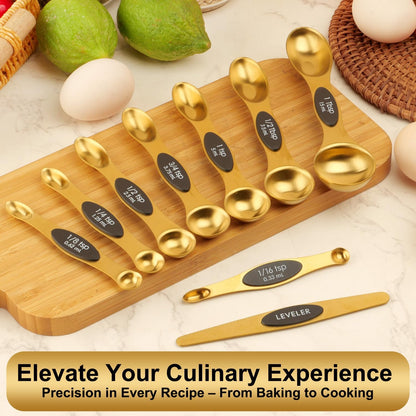 Magnetic Measuring Spoons Set Stainless Steel with Leveler, Dual-Sided Metal Measuring Spoons for Baking & Cooking, Fits in Spice Jars, Must-have Kitchen Gadgets, 8 Measuring Spoons & 1 Leveler, Black