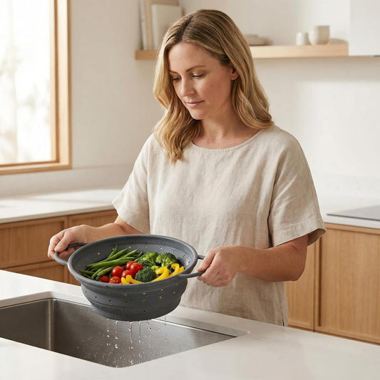 Collapsible Silicone Colander with Handles, Round Strainer with Stainless Steel Rim, Space Saving Kitchen Tool for Fruits & Vegetables,BPA-Free,Heat-Resistant Pasta Drainer(White, L)