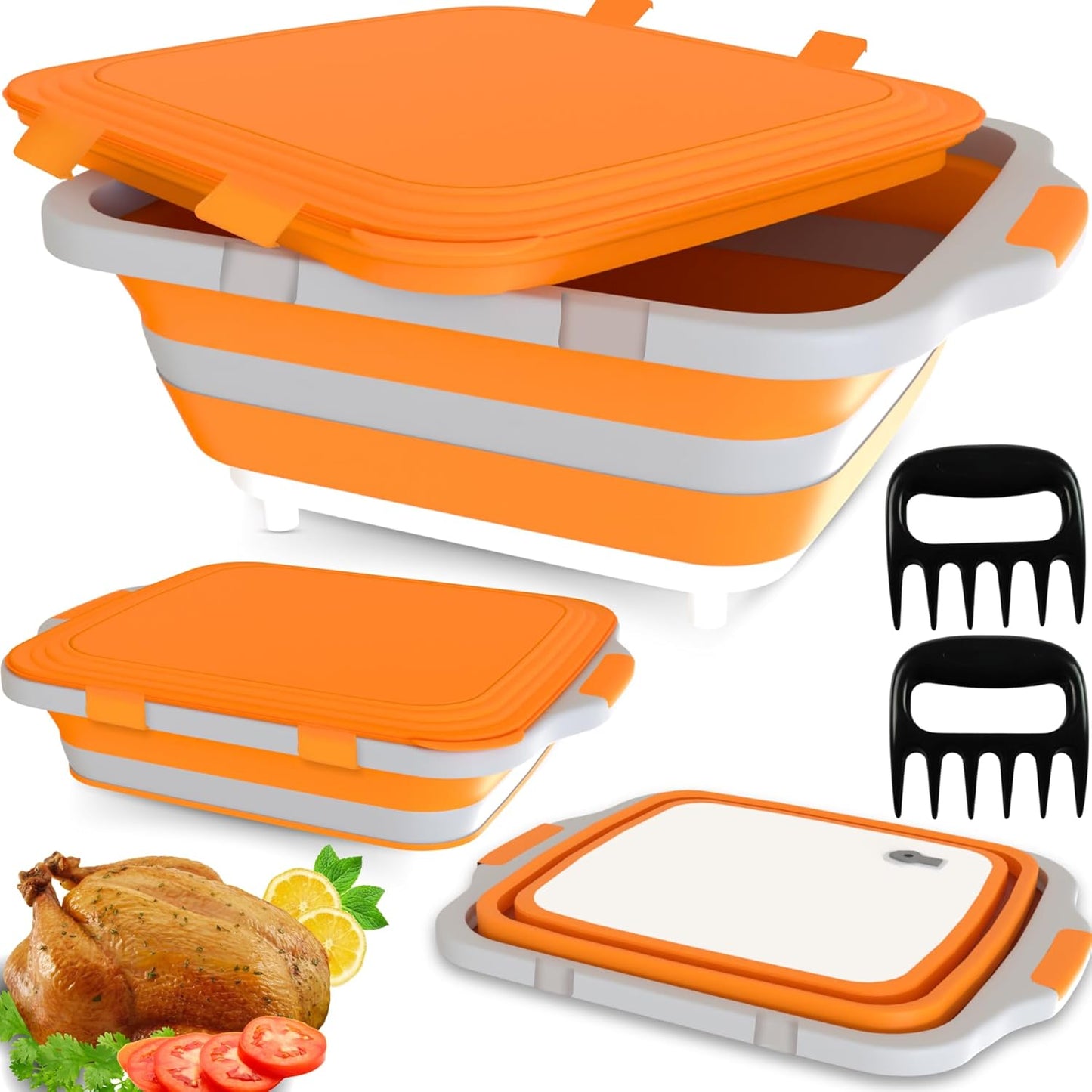 MAYALEAD BBQ Prep Tub with 2 Pcs Meat Shredder Claws, Collapsible Cutting Board, Cutting Board with Locking Lids, Drip Easy BBQ Prep Tub with lid-XL Size (Black)