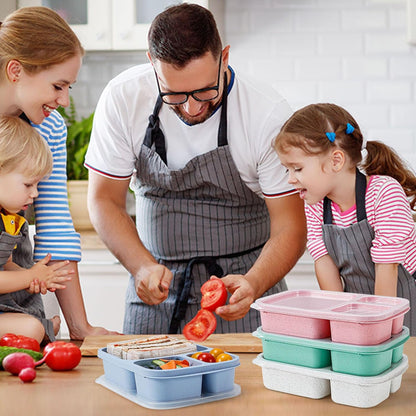 Caperci Bento Lunch Box Containers for Adults & Kids - 3-Compartment Reusable Meal Prep Containers with 2 Sauce Containers for School, Work, Travel, Wheat Straw, 4-Pack (Vintage Colors)