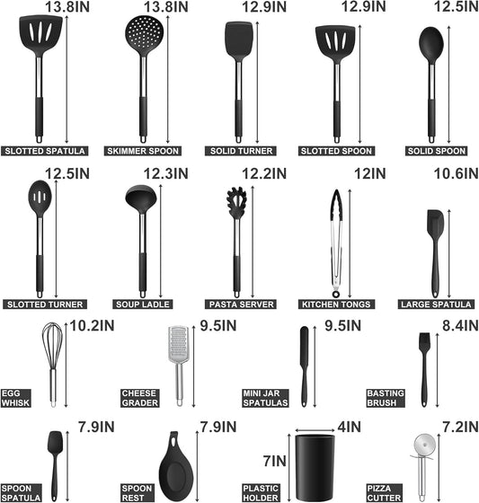 E-far Silicone Cooking Utensils Set, 7 Pcs Heat Resistant Kitchen Utensils with Stainless Steel Handle, Slotted Turner, Spoon, Soup Ladle, Pasta Server, Skimmer, Tongs for Nonstick Cookware, Black
