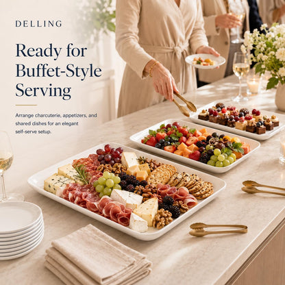 DELLING Large Serving Platter Set of 3, 16/14/12 Inch Porcelain Serving Trays for Party - White Ceramic Rectangular Platters for Entertaining, Appetizer Fruit Tray for Father's Day Shower Dinner