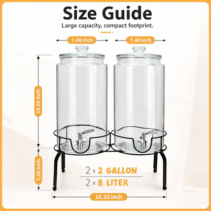 1 Gallon Beverage Dispenser 1 Pack, Stainless Steel Spigot Drink Dispenser for Parties with Stand, Clear Glass Drink Container Easy to Refill and Clean