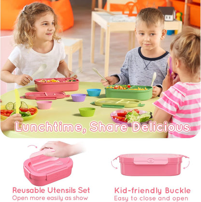 Lunch Box Kid Adult Bento Box, 4-Compartment Food Lunch Containers with Fork & Spoon, BPA Free, Leak-Proof Bento-Style Lunch Box for Work School, Microwave & Dishwasher Safe (Candy)