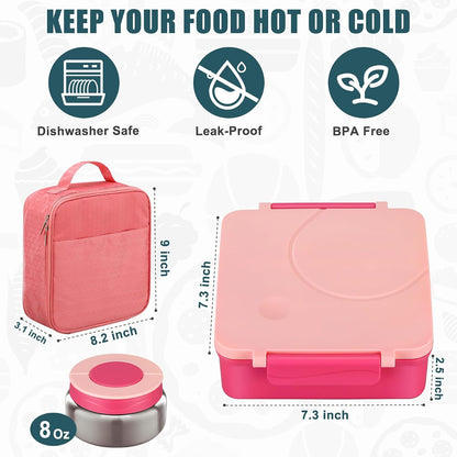 Itslife Bento Lunch Box for Kids with 8oz Soup Thermo&Lunch Bag, Leak-Proof Lunch Food Containers with 4 Compartment, Hot Food Insulated Food Jar for Kids School (Green)