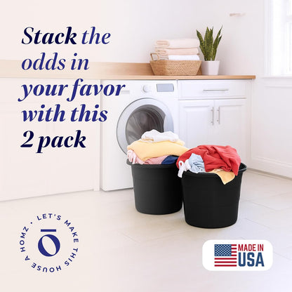 HOMZ 2-Pack Utility Tub, Large Plastic Storage Bucket with Rope Handles, 17 Gallon, Black - Portable Indoor and Outdoor Buckets for Kitchen, Laundry, Garden, Bathroom, and Garage Organization