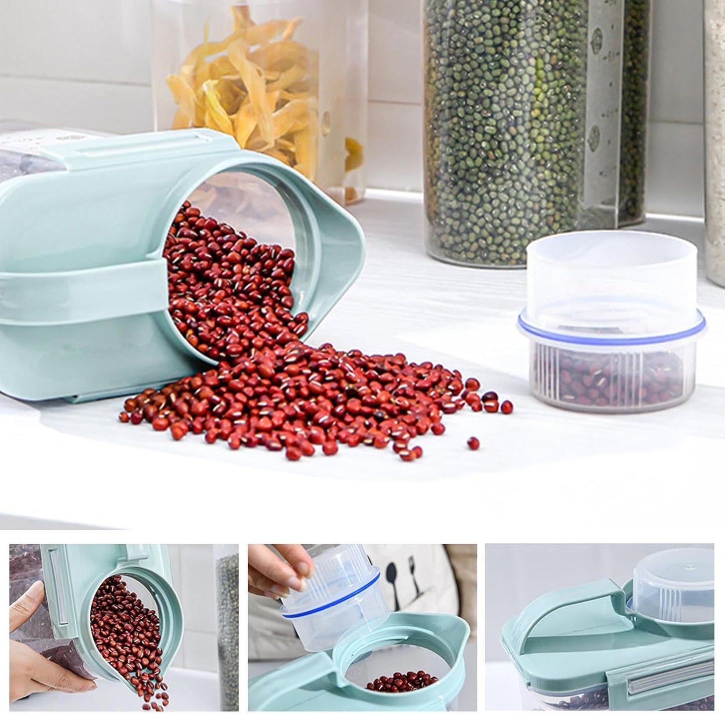 5.5lbs Clear Food Dispenser Container - Airtight Rice Storage Barrel With Handle And Dustproof Measuring Cup, Large Capacity Bin For Soybeans, Grains, Oats, Flour, Lentils, Pasta, Pet Food