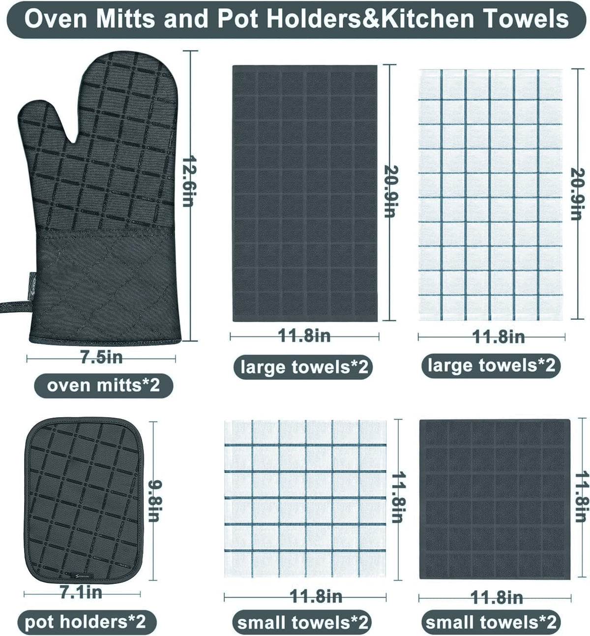Oven Mitts Kitchen Towels and Dishcloths Pot Holders Sets, Oven Gloves Kitchen Dish Towels 500 Degree Heat Resistant Potholders with Non-Slip Silicone Surface for Cooking, Grilling, Baking-Gray