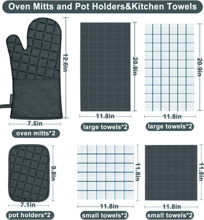 Oven Mitts Kitchen Towels and Dishcloths Pot Holders Sets, Oven Gloves Kitchen Dish Towels 500 Degree Heat Resistant Potholders with Non-Slip Silicone Surface for Cooking, Grilling, Baking-Gray