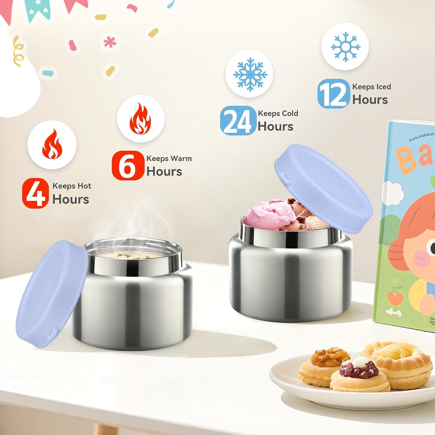 Aimsnk Magical Fantasy Lunch Box Set for Kids - 12oz Insulated Food Jar, Collapsible Space Cup & Utensils,Thermal Bag & Leakproof Bento Containers with Cutlery (BPA Free) - Ages 3-10 (Blue-Gradient)