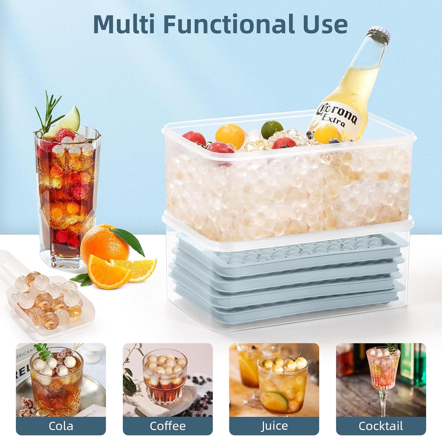 WIBIMEN Mini Ice Cube Trays, 0.55” Tiny Pebble Ice for Iced Coffee & Cocktails, Fast Chill, Easy Twist Release, Stackable with Lid & Storage Bin (2 Pack, Blue)