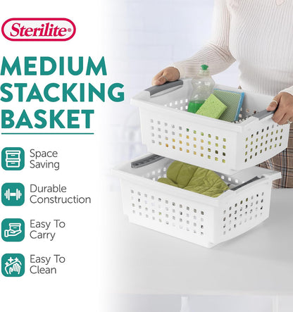 Sterilite 10-Pack Medium Stacking Basket, Open Top Plastic Storage Organizer, White - Stackable Crate Containers for Countertop, Cabinet, Pantry Shelf, Laundry Room, Bathroom & Home Office