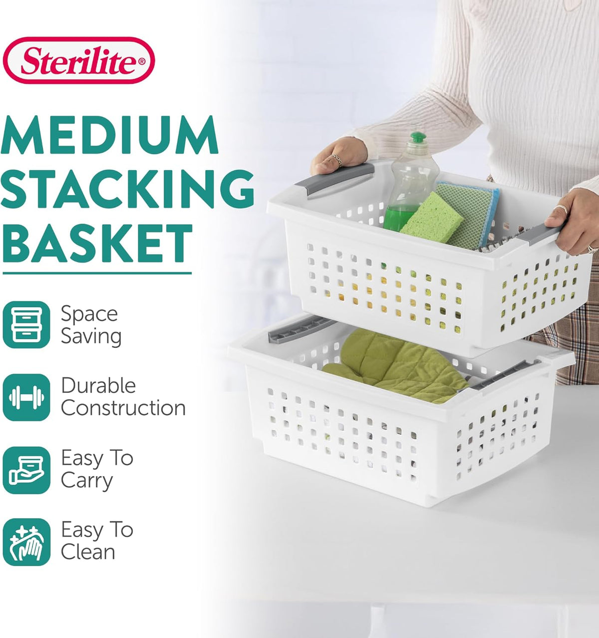 Sterilite Medium Stacking Basket, Plastic Storage Bin to Organize Countertops, Shelves, Closets, Classroom, Bathroom, and Dorm, White with Gray Handles, 4-pack