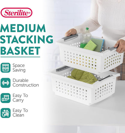Sterilite Medium Stacking Basket, Plastic Storage Bin to Organize Countertops, Shelves, Closets, Classroom, Bathroom, and Dorm, White with Gray Handles, 4-pack