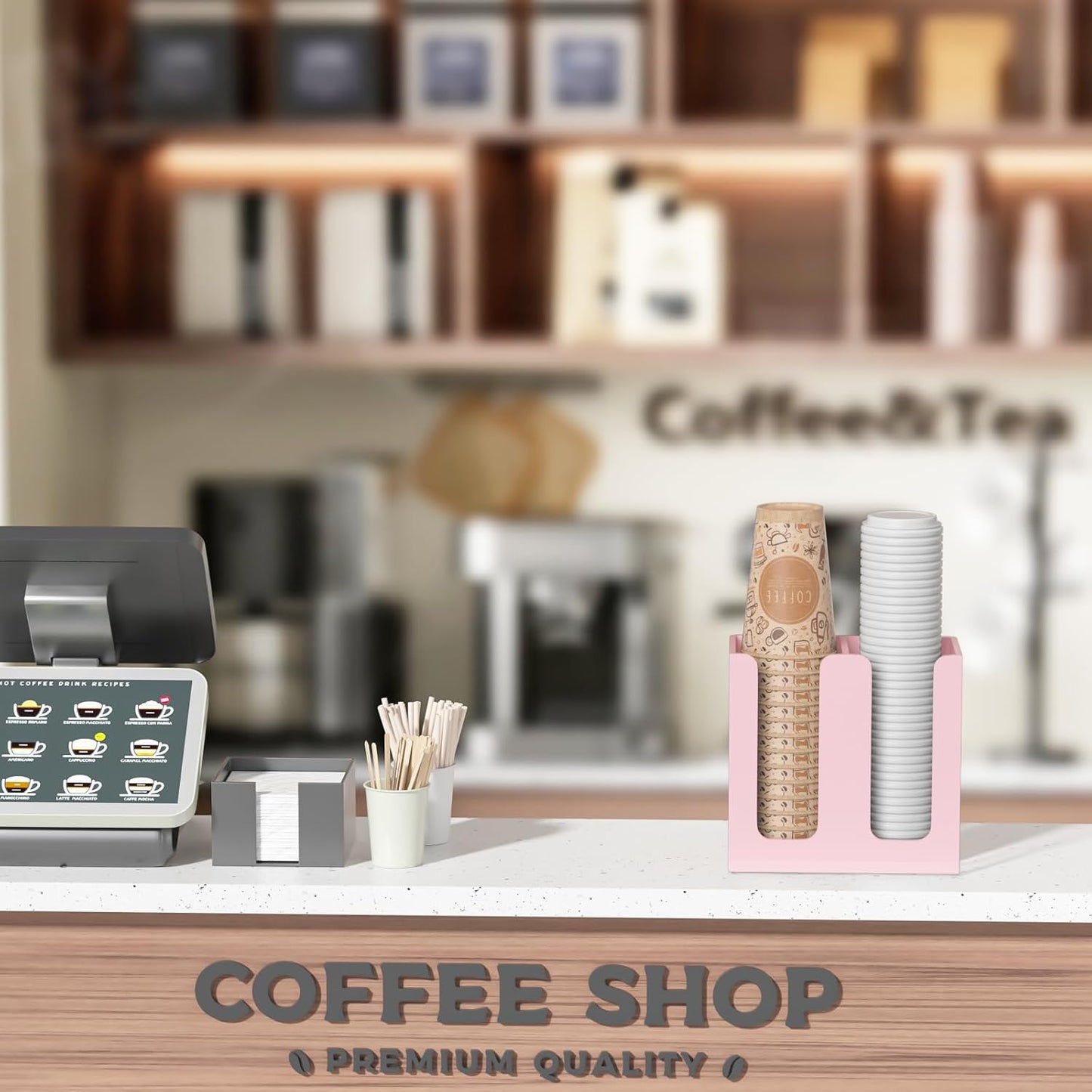 WINFFOR Disposable Cup Organizer Dispenser - 2 Compartments Clear Acrylic Cup and Lid Holder with Handles Plastic Cup Dispenser Countertop Paper Cup Holder for Coffee Bar House Party Essentials
