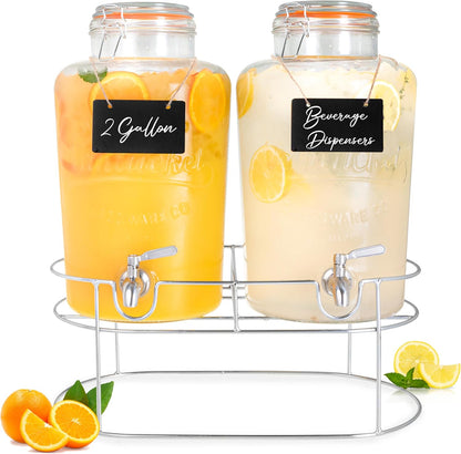 Ilyapa 2 Gallon Glass Beverage Dispenser, Metal Base, Stainless Steel Spigot & Hanging Chalkboard - for Lemonade, Tea, Cold Water & More