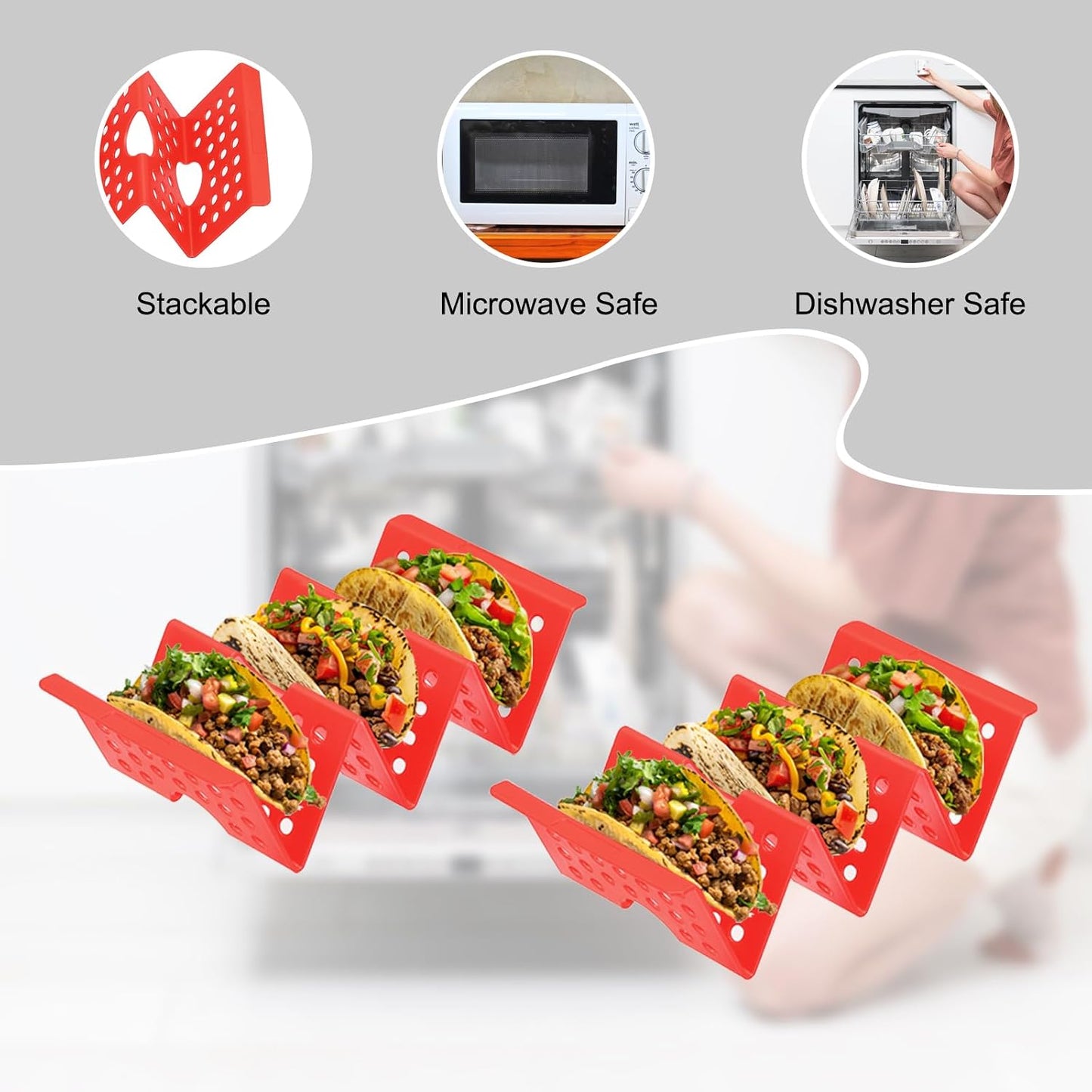 uxcell 8 Pcs Taco Holder Stand, Plastic Taco Plates Hold Up to 3 Tacos, Hollow Carved Taco Shell Holder, Dishwasher Microwave Safe, Pink