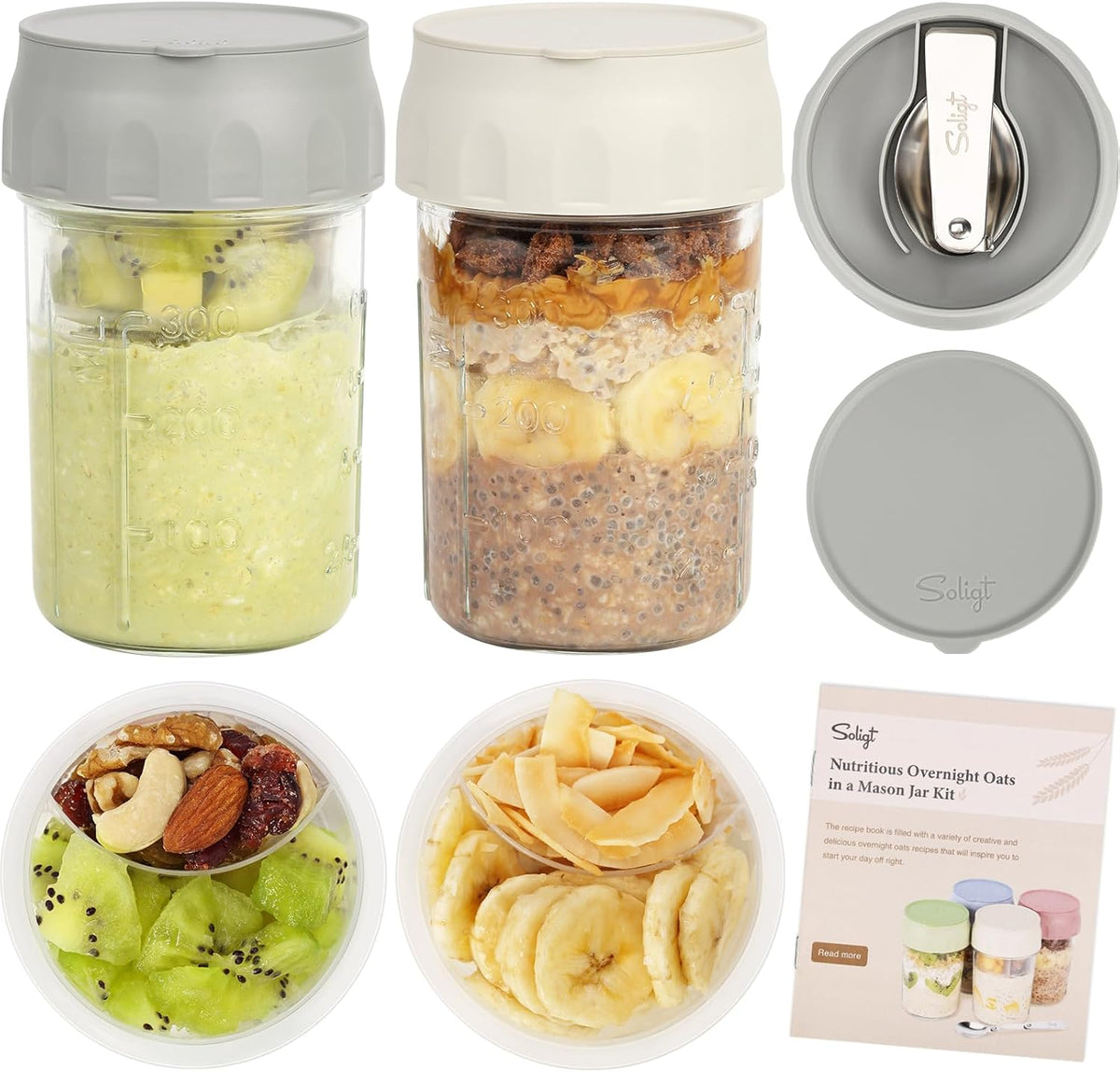 SOLIGT 4 Pack Overnight Oats Containers with Lids, Folding Spoons and Divided Compartments for Fruit & Nuts, Small Glass 16oz Mason Jars for Oatmeal (4 Set-Oat White/Green/Rose/Blue)
