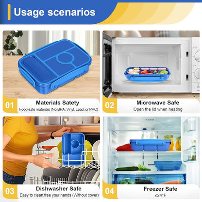 Amathley Bento Box Adult Lunch Box Kids,Lunch Containers for Adults/Kids/Toddler,5 Compartments Bento Lunch Box with Sauce Vontainers,Microwave & Dishwasher & Freezer Safe,BPA-Free (Blue)
