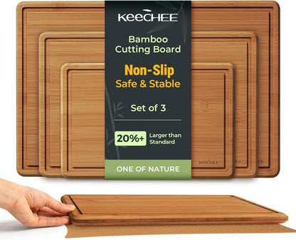 Keechee Cutting Board with Non-slip Mat, Bamboo Cutting Board for Kitchen Meal Prep & Serving - Wood Serving Board Set with Deep Juice Groove Ideal Kitchen Gifts