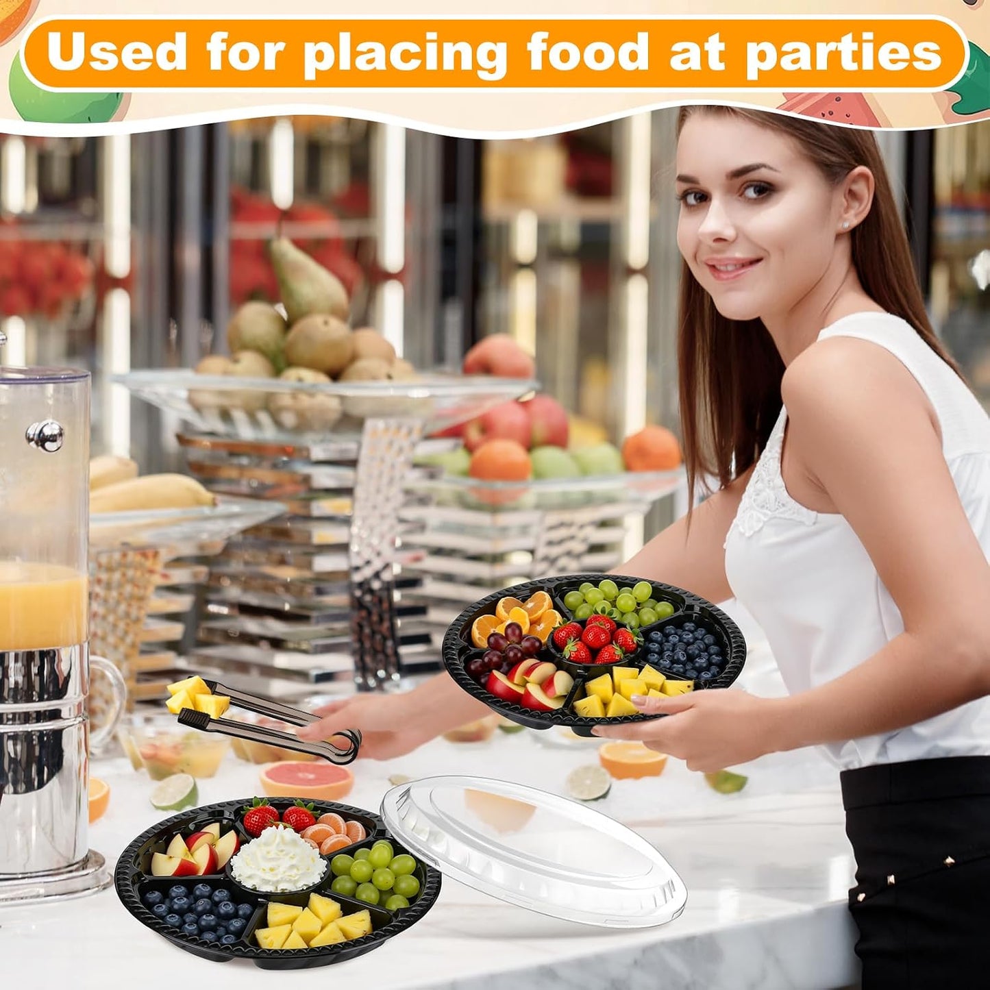 Rtteri 24 Pack 12.4 Inch Plastic Appetizer Trays with Lids and 8 Pack 6.3'' Black Serving Tongs 6 Sectional Round Plastic Serving Tray Disposable Compartment Platter for Party Fruit Snack Veggie