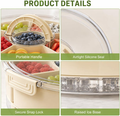 UFORU Divided Serving Tray with Lid, Handle and Chill Base, Portable 6 Compartment Snackle Box Container, Rounded Veggie and Fruit Organizer for Charcuterie, Snacks, Travel, Picnic, Kitchen, Party