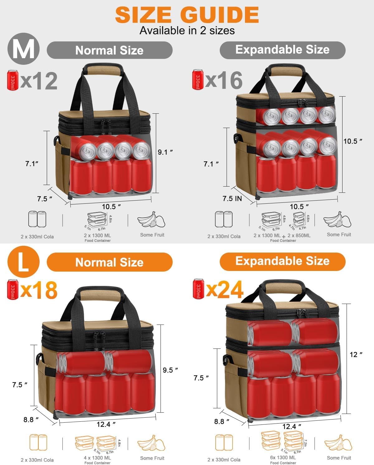Pritent Lunch Box For Men Women Double Deck Insulated Lunch Bag For Men Woman Leakproof Expandable Cooler Bag with Adjustable Shoulder Strap for Kids Shool Work Picnic Camping(Beige,Large)