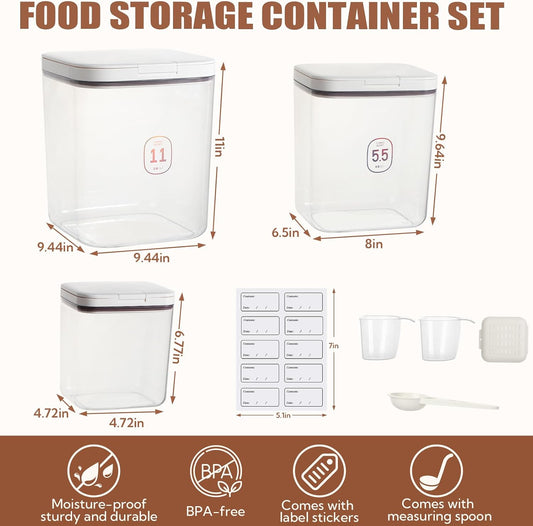 3 Pack Rice Storage Container 11.6 QT/5.8 QT/2.1 QT Flour Dispenser with Measuring Cup and Label Stickers for Kitchen Pantry Organization Storage Bins with Pop-up Lid for Food for Pasta Sugar Cereal
