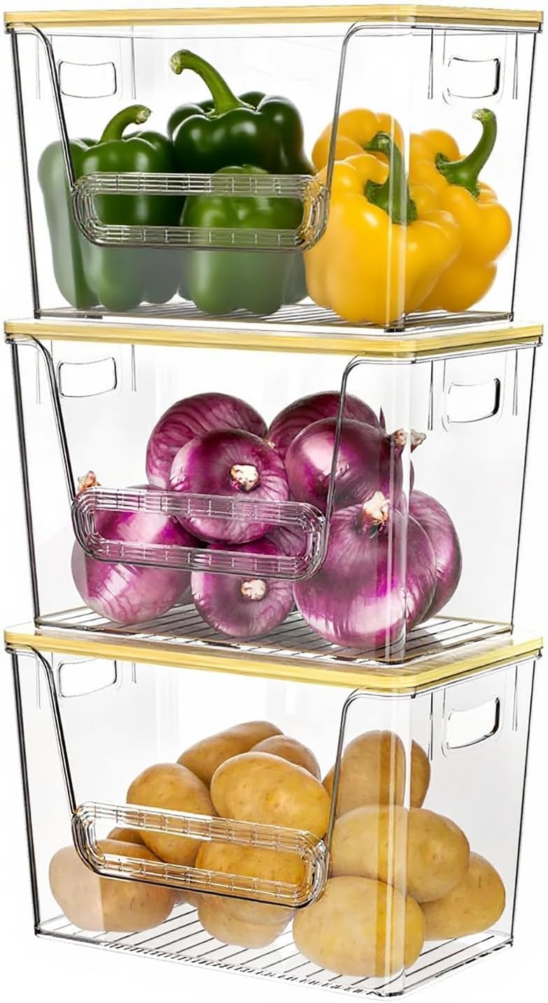 Delamu 2 Set Pantry Organizers and Storage, Trash Bag Holder Under Sink Organizer for 4-13 Gal Bags, Trash Bag Dispenser with Bamboo Top for Onion, Potato, Garlic, Clear (11-7/32"L*7" W*7-1/8"H)