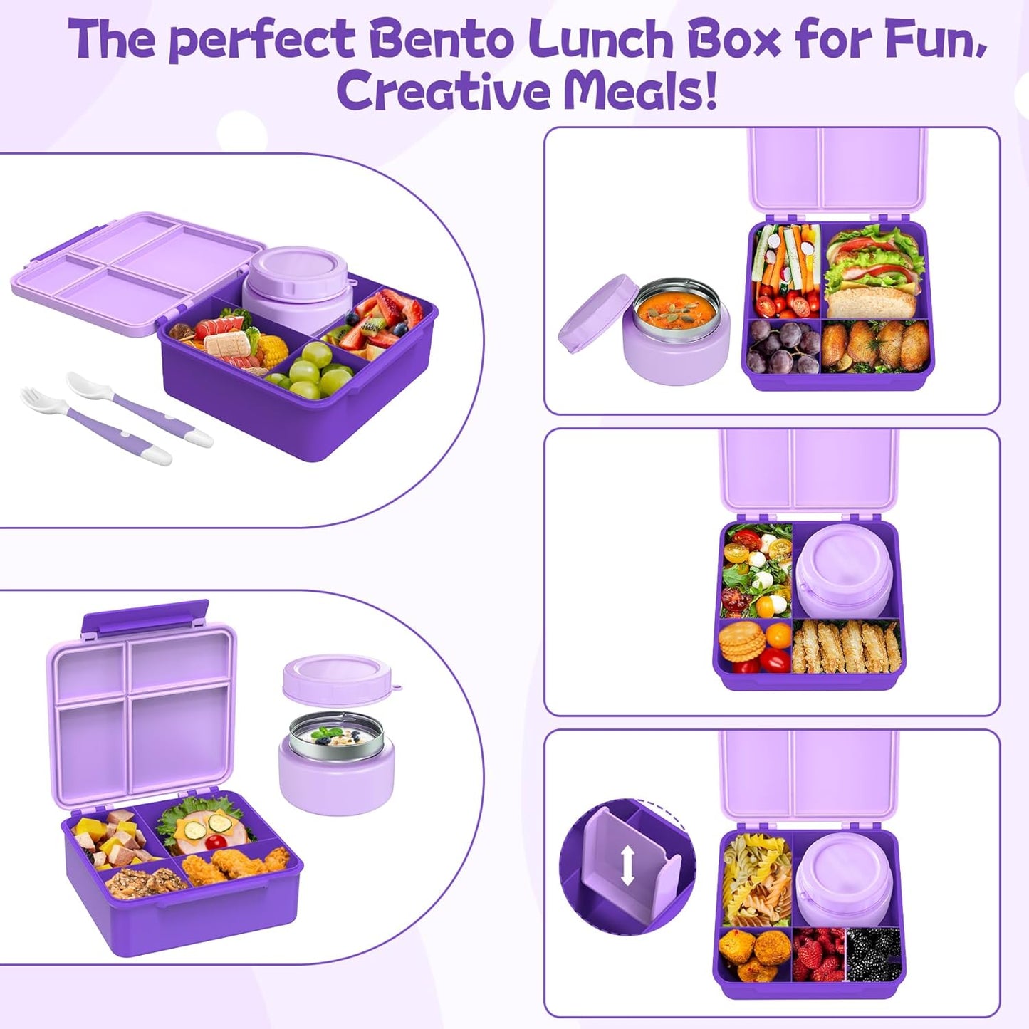 Aimsnk Kids Bento Lunch Box with 8oz Soup Thermo, Kids Leakproof Lunch Food Containers with 4 Compartment,Insulated Hot Food Jar with Lunch Bag for School, Travel (Pink)