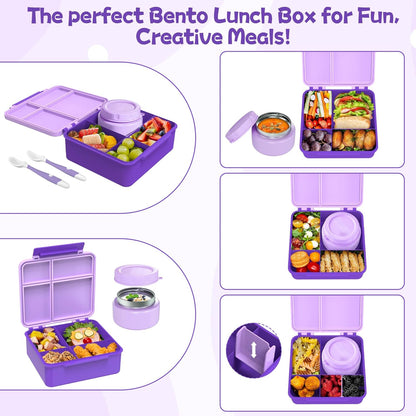 Aimsnk Kids Bento Lunch Box with 8oz Soup Thermo, Kids Leakproof Lunch Food Containers with 4 Compartment,Insulated Hot Food Jar with Lunch Bag for School, Travel (Pink)