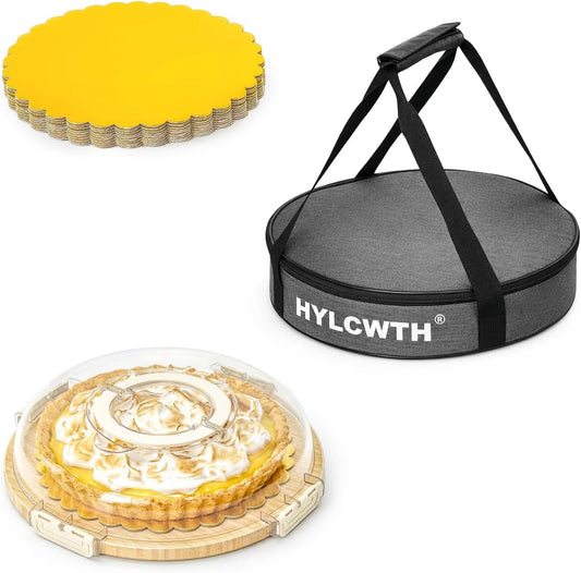Pie Carrier with Lid and Handle, Reusable Pie Container for 10 Inch Round Pie, Cheesecake, Pizza, Cheesecake Container for Party with 10 Pcs Round Golden Cake Boards and Portable Insulated Bag