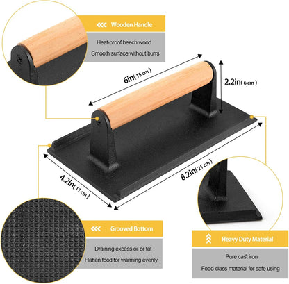 HaSteeL 9x7in Melting Dome & 8x4in Grill Press, Rectangular Basting Steaming Cover & Cast Iron Burger Bacon Press, Heavy Duty Griddle Tools Accessories for Flat Top Grilling Barbecue, Indoor & Outdoor